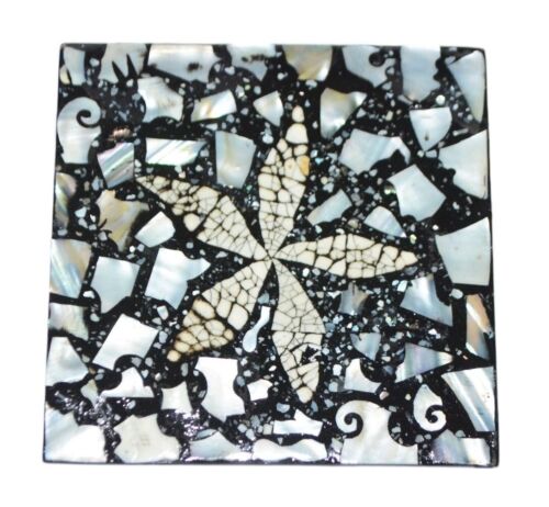 Posavasos de mosaico madreperla abulón conjunto de 5 soportes de laca negra de colección playa - Imagen 3 de 7