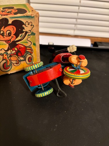 VINTAGE LINEMAR JAPAN CELLULOID MICKEY MOUSE ON MECHANICAL TRICYCLE W/ORIG BOX - Picture 7 of 14