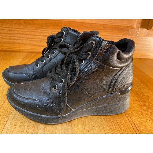 6.5 Black ALDO Platform Wedge Sneaker High Top Lace up Side Zip Athletic Comfort - Picture 2 of 7