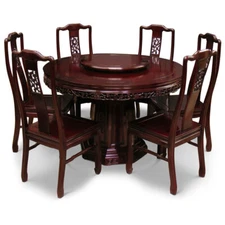 US Seller - Dark Cherry Rosewood Flower and Bird Round Oriental Dining Set with