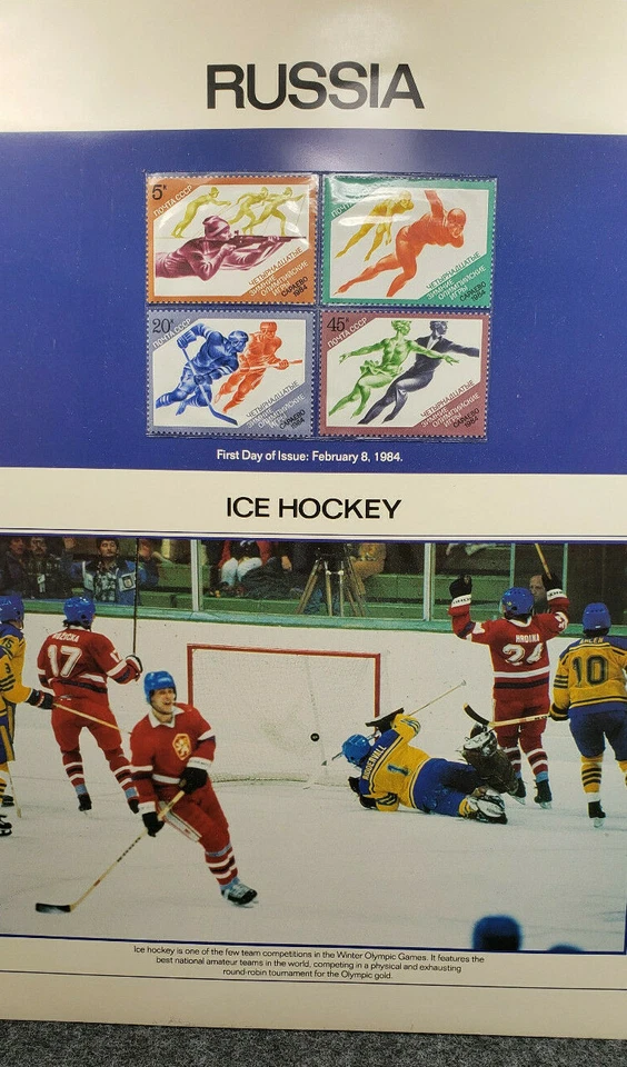 Panel filatélico de los Juegos Olímpicos de Rusia 1984 4 estampillas *Hockey sobre hielo* MNH Foto 4 de 4