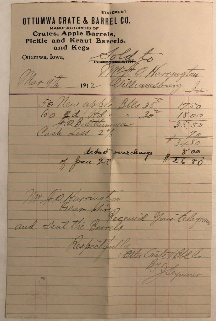 Ottumwa Crate & Barrel Co. 1912 Statement Mfg. Crates, Barrels & Kegs Ottumwa,Ia