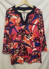 TALBOTS Top XS Pink Floral Print V-Neck 3/4 Sleeve Terry Cloth Resort