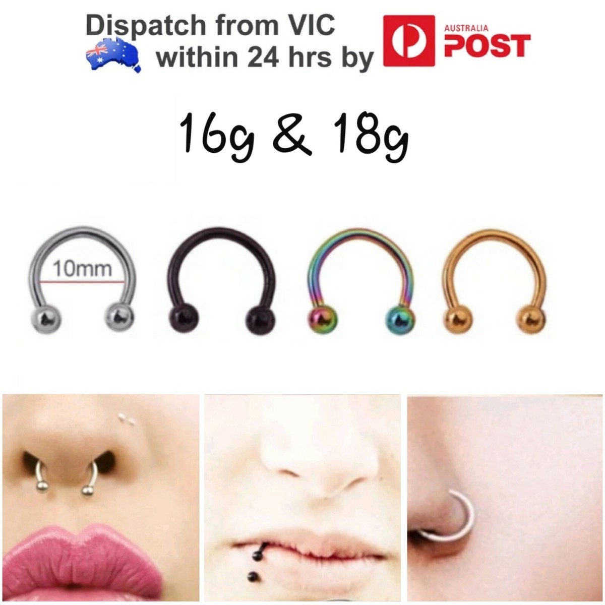 16g 18g 10mm Horseshoe Ring Hoop Bar Nose Lip Septum Helix Tragus