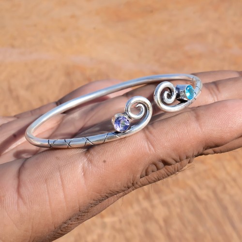 Brazalete brazalete de plata de ley 925 con piedras preciosas talla topacio azul y amatista para el mejor regalo - Imagen 4 de 7