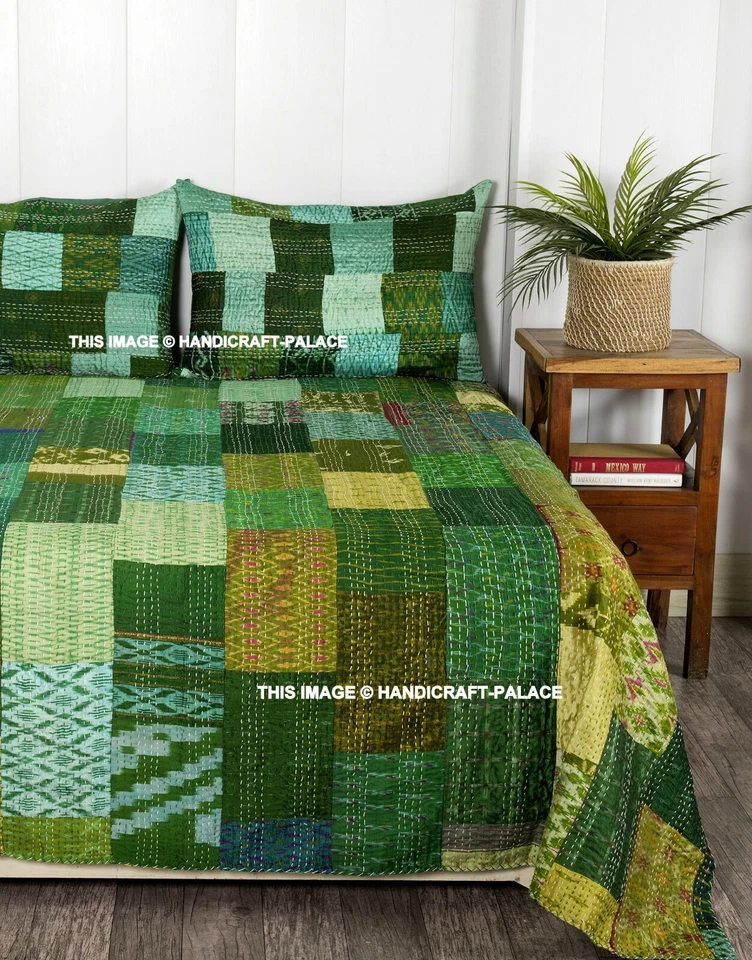 Indian green silk patola kantha quilt handmade reversible bedspread vintage king - Image 2 of 4