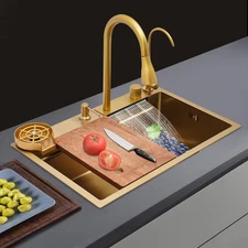 Kitchen Stainless Steel Sink Countertop Sink w/ Pull-out Faucet Vegetable Washer