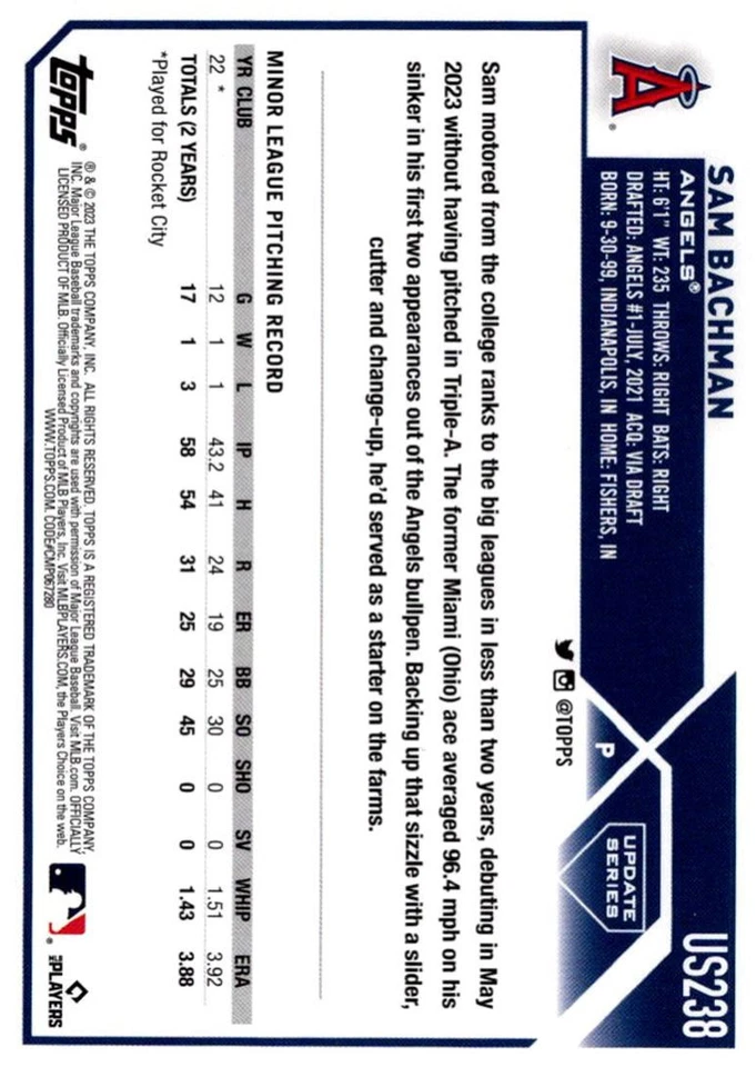 2023 Topps Update Sam Bachman Rookie Los Angeles Angels #US238 - Image 2 of 2