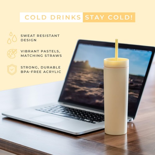 Yellow Skinny Tumblers with Lids and Straws (4 pack) - 16oz Matte Pastel Colo... - Picture 2 of 9