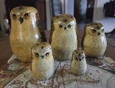 Matryoshka Dolls Handpainted Stacking Nesting Set of 5 Owls Russia (USSR)