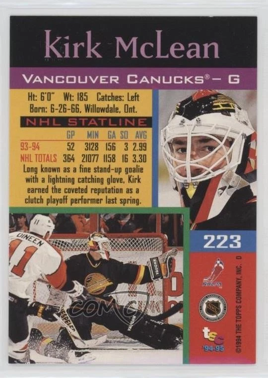 1994-95 Topps Stadium Club Members Only Kirk McLean #223 - Image 2 of 2