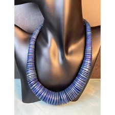 Blue Wood Disc Graduated Beaded Chunky Boho Necklace
