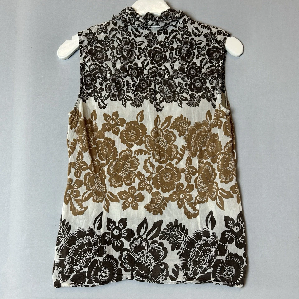 Blusa sin mangas Harolds Top para mujer mediana blanca marrón floral con botones seda Foto 2 de 4