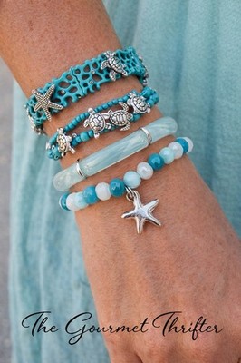 Periwinkle Turquoise Sea Life Bracelet Set Starfish Turtle Seahorse Beaded Stack