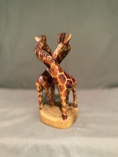 Hand-Carved & Hand-Painted Wooden Sculpture Of Two Entwined Giraffes 8.25” Tall