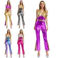 Women's Shiny Metallic Flared Jumpsuit 70s 80s Disco V Neck Halloween Costume