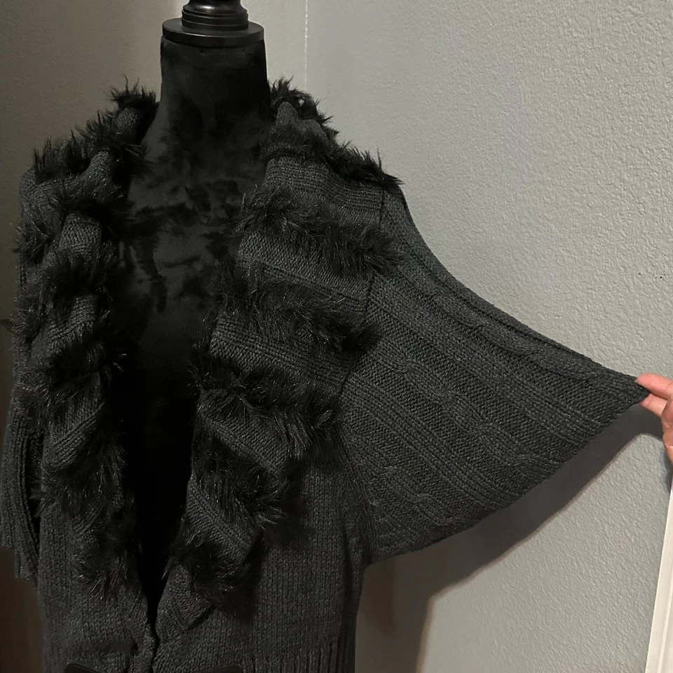 Women’s Shrug Cardigan XL Black Knit Faux Fur Trim Belted Front Closure Sweater - Image 3 of 4