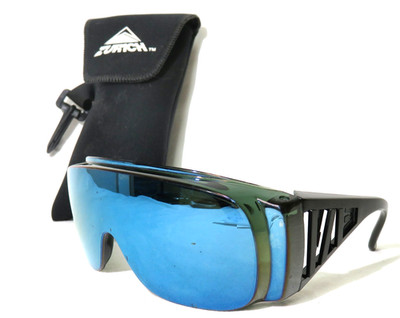 Vintage 1980's Zurich USA Fit Over Shield  Sunglasses Black plastic w/ blue lens