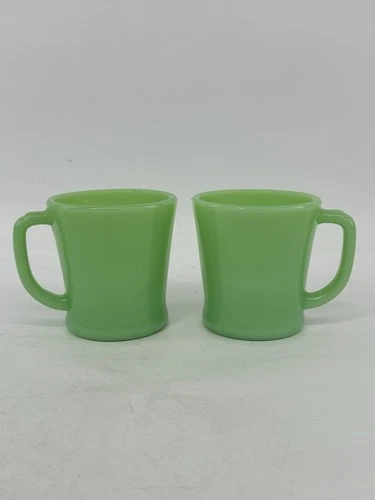 2 Vintage Jadeite Fire King Oven Ware Coffee Mugs D Handle Milk Glass MCM 8 Oz