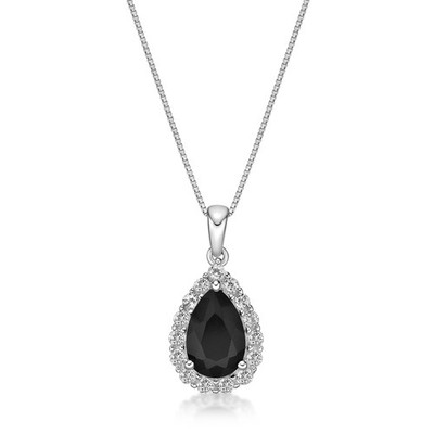 Sterling Silber 18'' Kette Halskette 9x6 Birnenform schwarzer Onyx weißer Topas Anhänger
