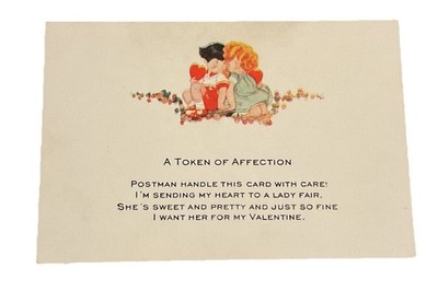 1928 Token Affection Postman Handle With Care Poem Vtg Valentine Card FPE