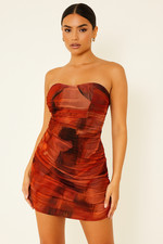 PrettyLittleThing Orange Abstract Ruched Bandeau Mini Dress Size 6 NWT Party