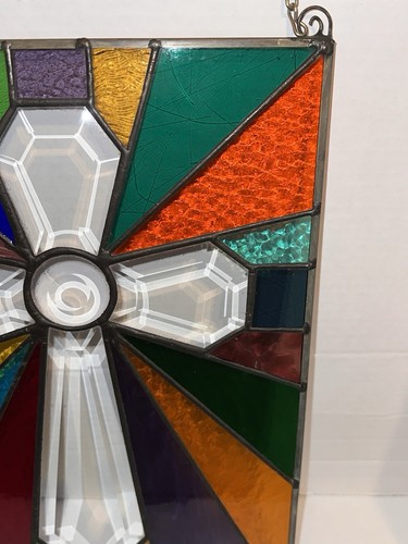 Vintage Stained Glass Suncatcher Cross Christian Multicolor Rainbow Hanging - Picture 4 of 12