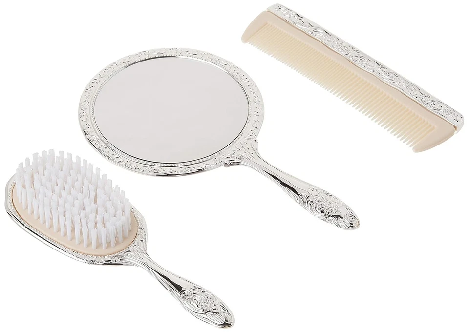 Lujoso juego de tocador plateado cromado de 3 piezas para niñas con peine, cepillo y espejo redondo Foto 4 de 4