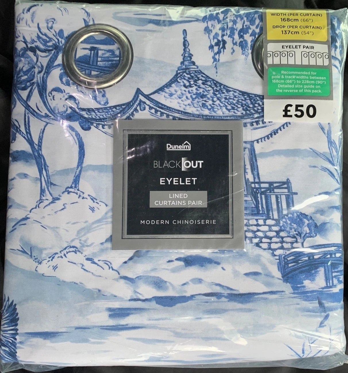 Dunelm Chinoiserie Oriental Pattern Blackout Eyelet Curtains-Blue - 66"x54" Pair
Opens in a new wind