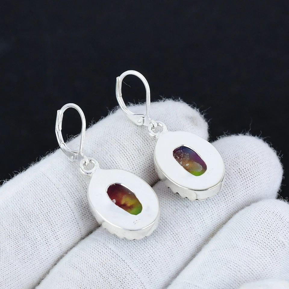 Elegant Ammolite Gemstone Handmade 925 Sterling Silver Earrings For Women Gifts - Image 4 of 4
