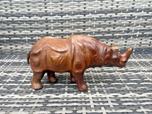 VINTAGE 60er JAHRE LEDERFELL BOLSTER HOLZ NASHORN NASHORN ZOO TIER ORNAMENT - Bild 8 von 15