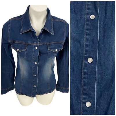 Periscope Top Womens Large Snap Up Collar Denim Stretch Pockets Country Ranch