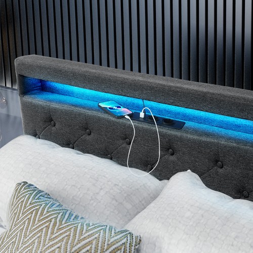 Double Bed Frame Bed Platform with LED Lights Upholstered Headboard 4 Storage - Picture 7 of 15