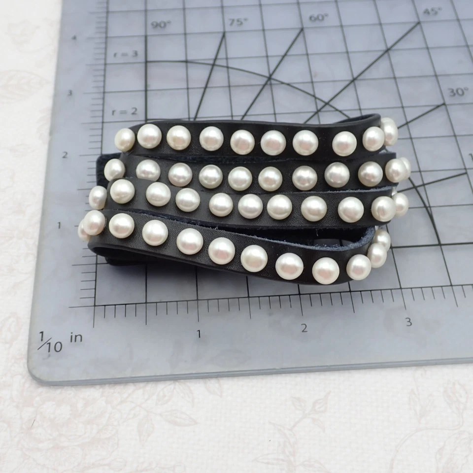 Honora Cultured 珍珠 4 行黑色皮革 7.5-9 英寸包裹式手链带袋和盒 — 第 3/4 张图片