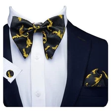 Floral Yellow Bow Tie and Pocket Square Cufflink Set Oversized Tuxedo Bow Tie...