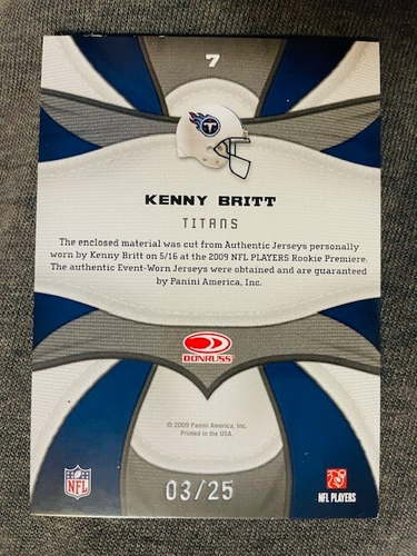 2009 Panini Donruss Certified Kenny Britt Rookie RC Jersey Relic Card /25 Rare - Picture 2 of 2