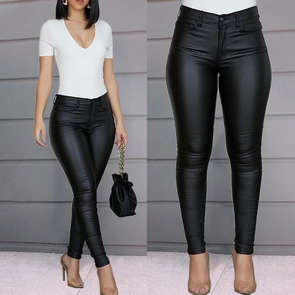 Fashion Women PU Leather Leggings Pants High Waist Skinny Sexy