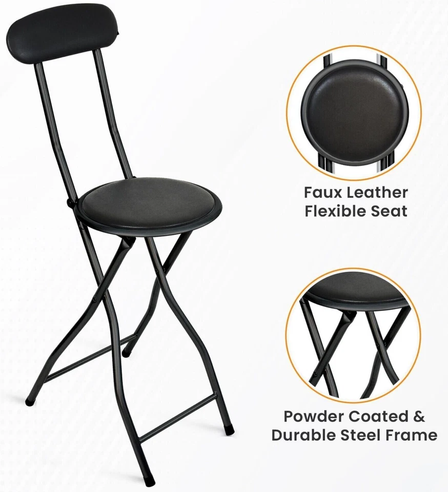 BLACK PADDED FOLDING HIGH BACK CHAIR BREAKFAST KITCHEN BAR STOOL FOLDABLE SEAT - Image 2 of 4