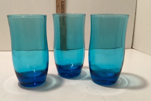 3 Vintage Anchor Hocking FLAIR BLUE (LASER) Tumbler Drinking Glasses