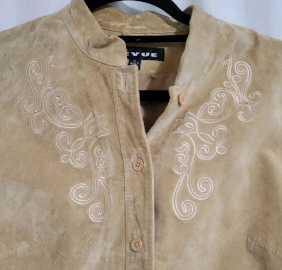 Revue Suede Jacket Y2K Country Womens Size 6 Embroidered Tan Lined Button Up 90s - Image 4 of 4