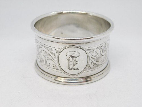 Sterling Silver Floral Pattern 'L' Initial Napkin Ring Antique 1923 Birmingham