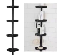 4 Tier Tension Corner Shower Organizer Caddy Matte Black, Adjust Height 4'-8.5'