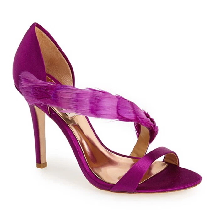 NIB $215 Badgley Mischka Pixel Feather Embellished Evening Shoes Berry Satin 6 M - Image 2 of 4