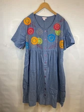 Go Softly Patio Denim MuuMuu Dress Embroidered Short Sleeve Knee Length Size XL