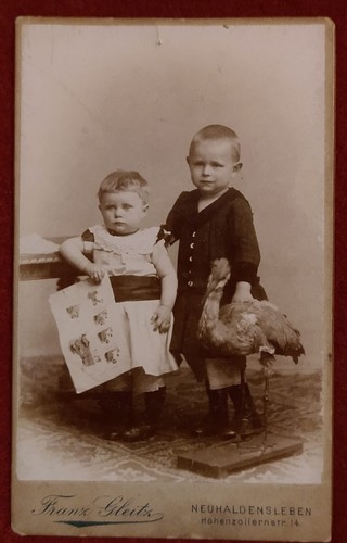CDV Young Children Photo Book and Stuffed Bird by Franz Gleitz, Dresden, Germany - Bild 1 von 2