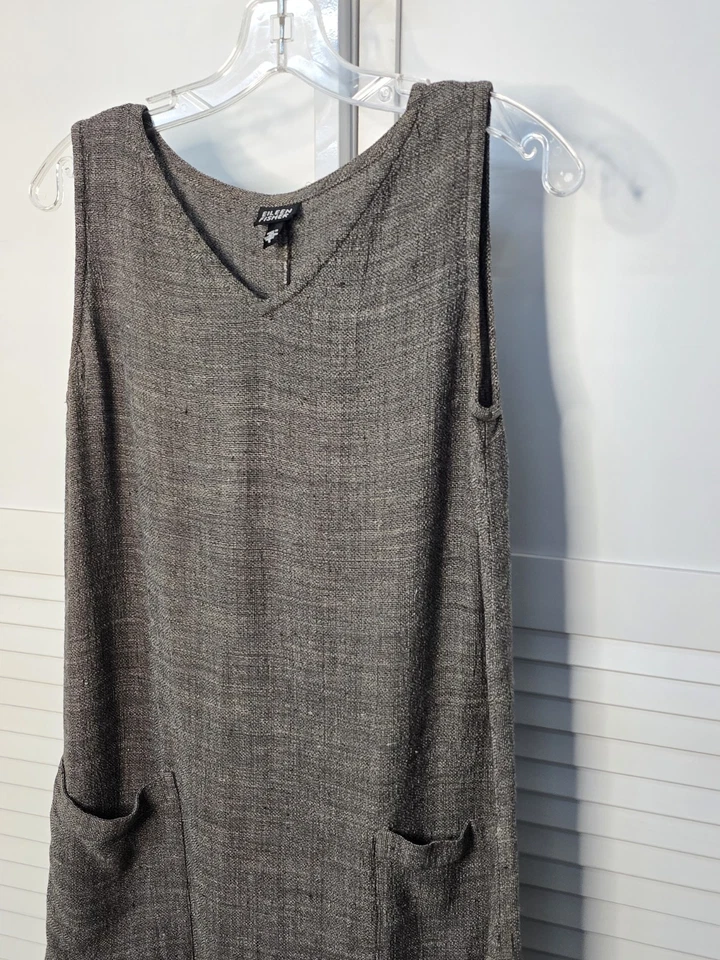 Eileen Fisher S Maxi Dress Black Tweed Sleeveless Linen Blend Lagenlook V-Neck - Image 3 of 4