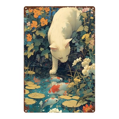 2D Flat, 1pc, Metal Sign, ''Dream Garden: White Cat and Koi Fish Tin Painting''