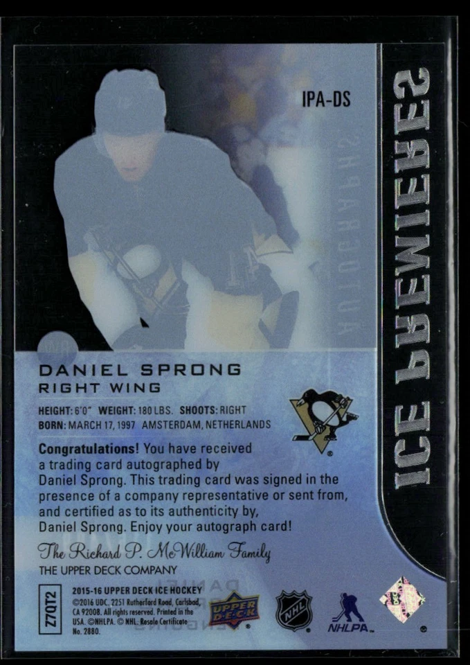 2015-16 Upper Deck Ice Ice Premieres Autograph #IPA-DS Daniel Sprong RC 116/499 - Image 2 of 2