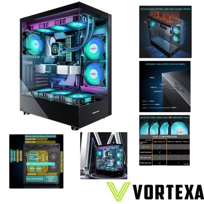 Elegantes ATX Gaming PC Gehäuse K2 mit 6 PWM ARGB-Lüftern und Panoramadoppelglas
