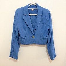Jason Wu Blue Linen Cropped Blazer Jacket M One Button Tailored